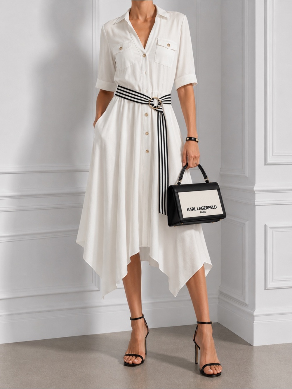Karl Lagerfeld White Midi Shirt Dress with Striped Waist Tie Size 4